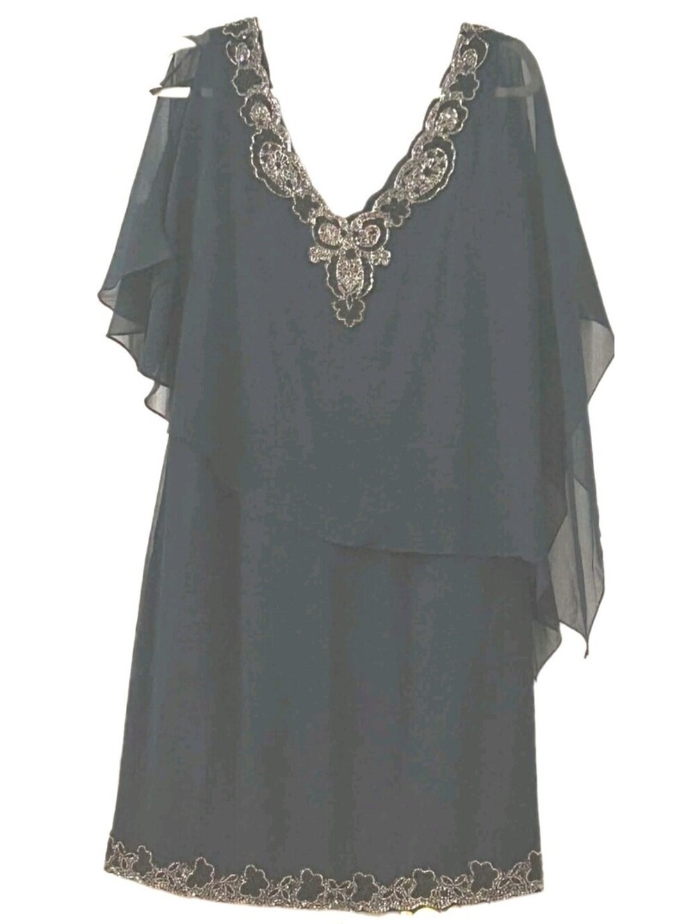 Kara Navy Blue Beaded Chiffon Capelet Sheath Dress Size 12 Cocktail Wedding